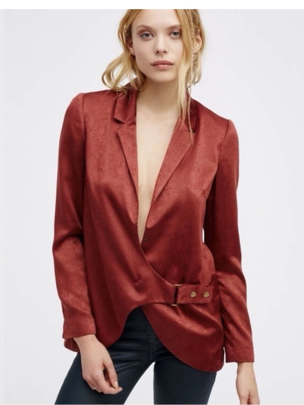 Free People Women's Dorothea Satin Rust Red Draped Blazer Jacket